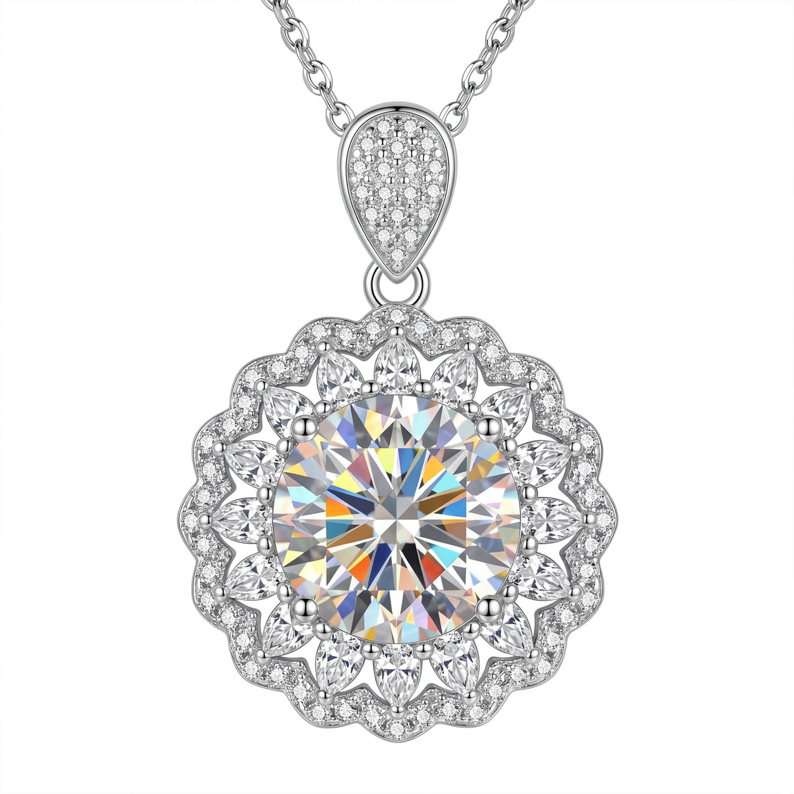 MARDAZA Radiant Sunburst Round Cut Sterling Silver Moissanite Necklace