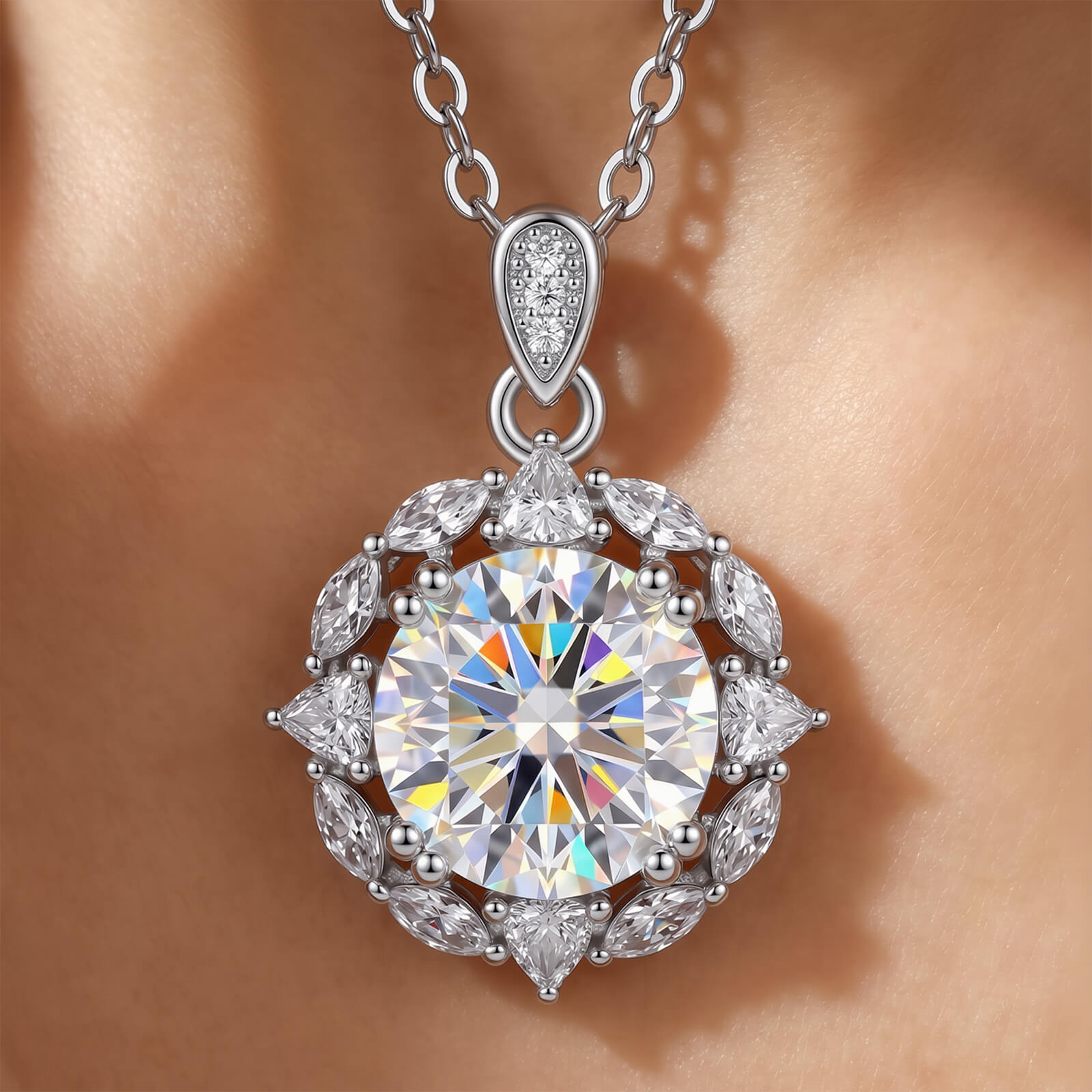 MARDAZA Vintage Cluster Round Cut Sterling Silver Moissanite Necklace