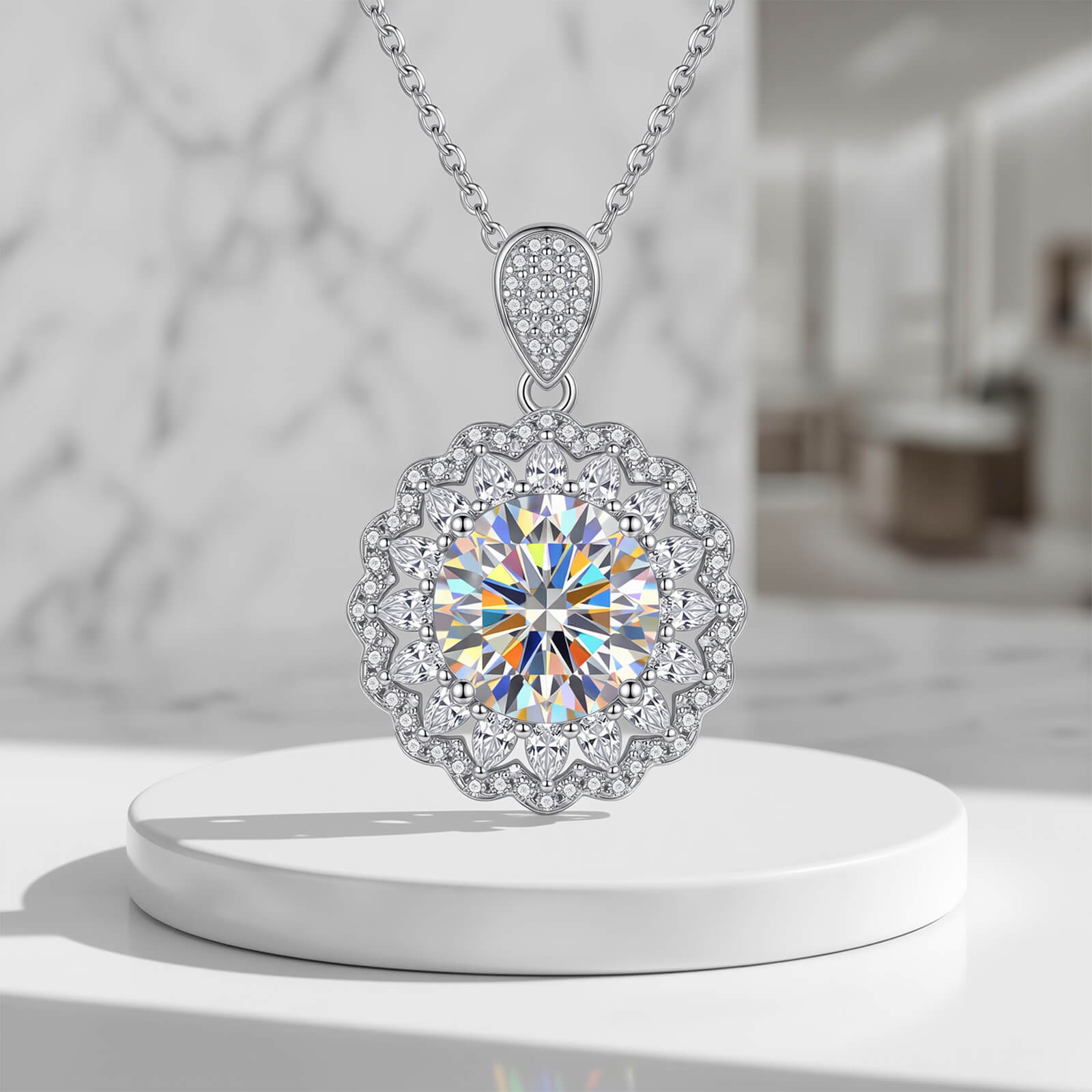 MARDAZA Radiant Sunburst Round Cut Sterling Silver Moissanite Necklace