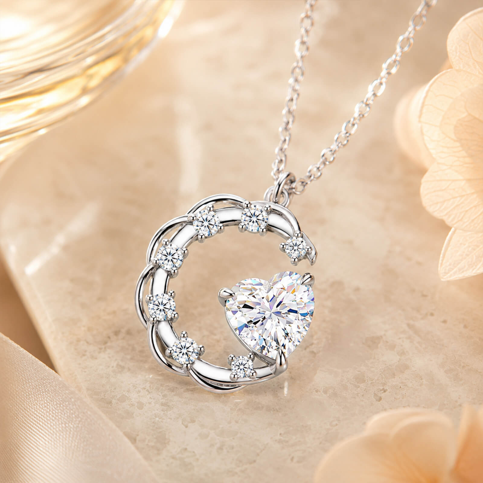 MARDAZA Crescent Moon & Heart Cut Sterling Silver Moissanite Necklace