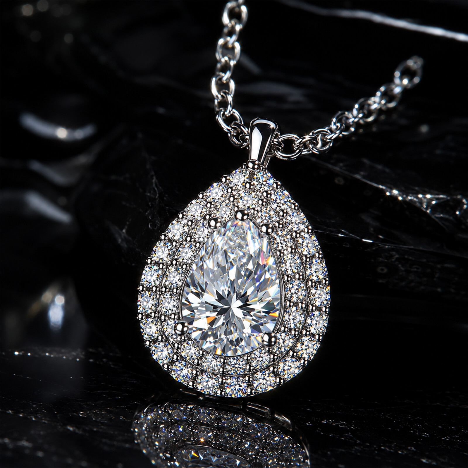 MARDAZA Luminous Teardrop Pear Cut Moissanite Double Halo Sterling Silver Necklace