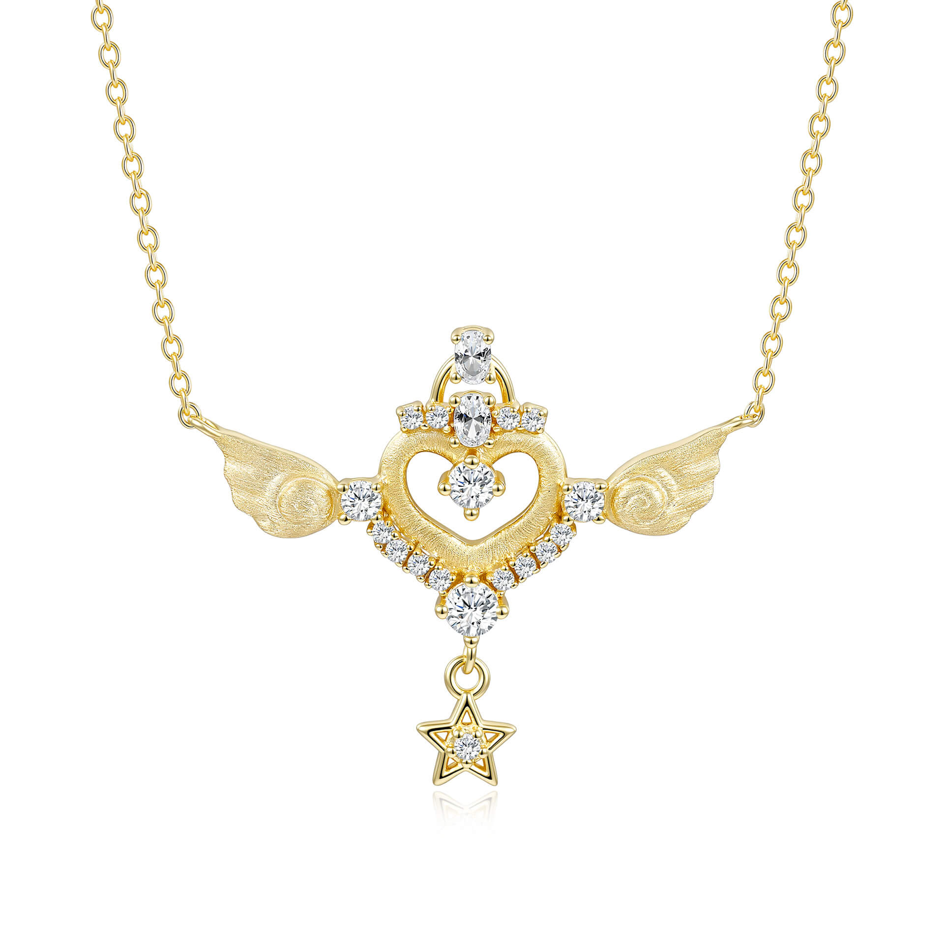 MARDAZA Satin Angel Wing Heart Star Drop Moissanite Silver Necklace