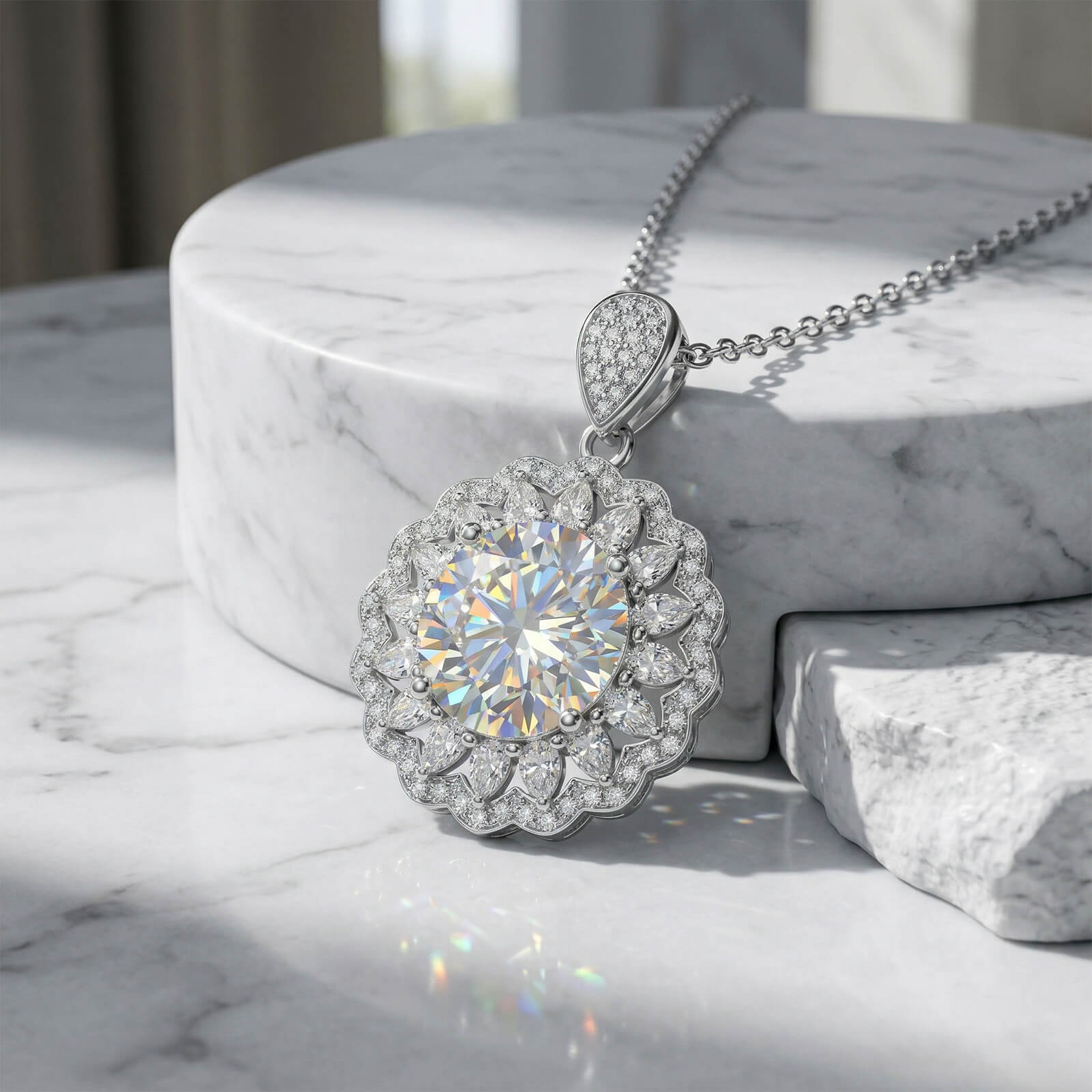 MARDAZA Radiant Sunburst Round Cut Sterling Silver Moissanite Necklace