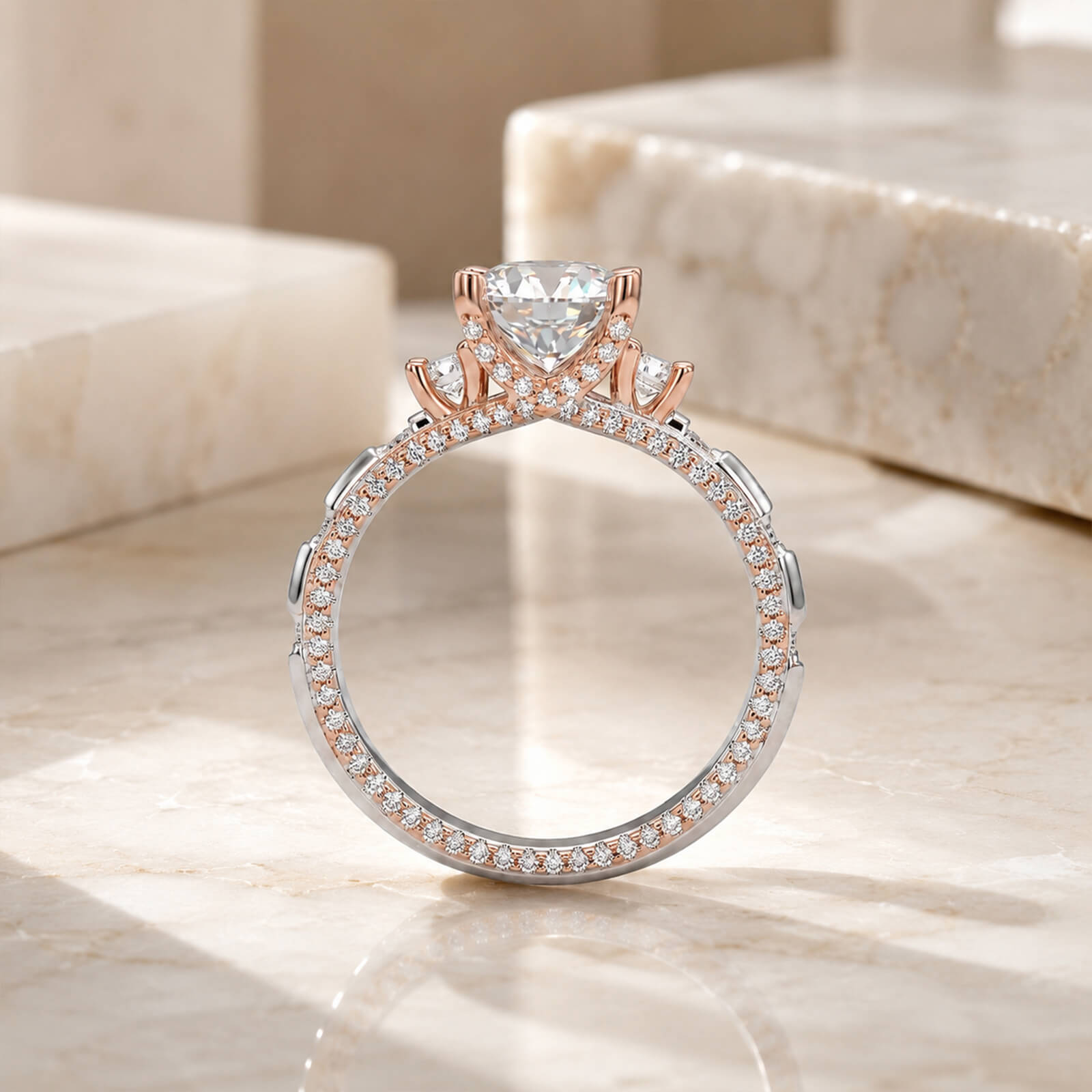 MARDAZA Two-Tone Three-Stone Round Cut Sterling Silver Moissanite Ring