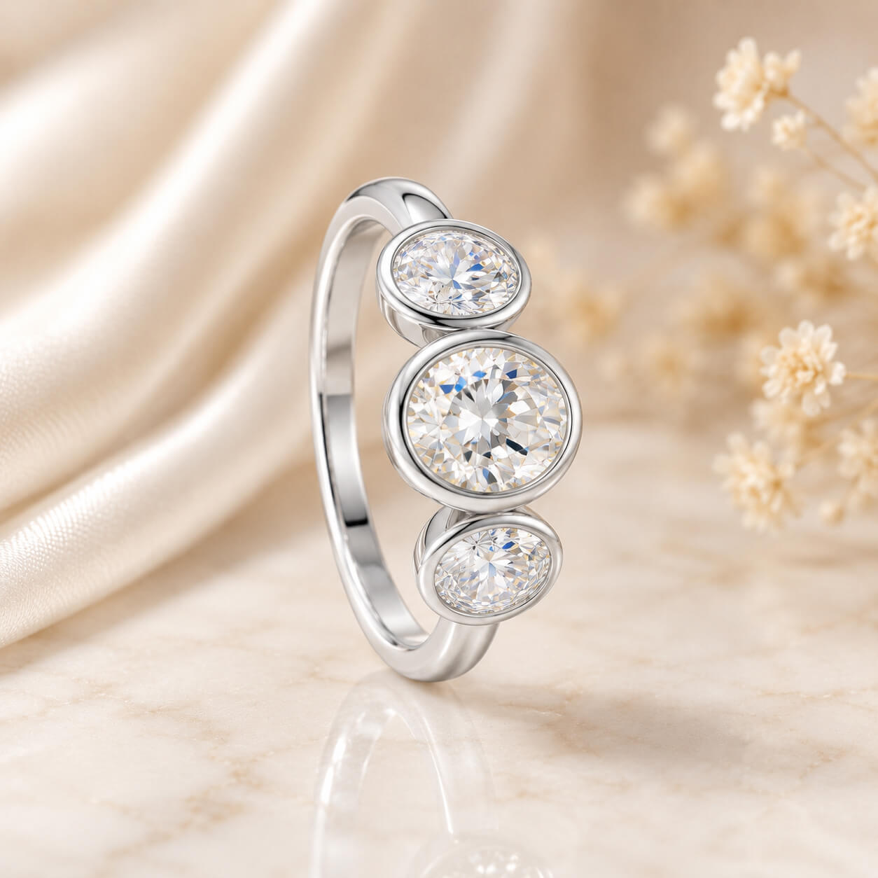 MARDAZA Bezel Set Three-Stone Oval Cut Moissanite Sterling Silver Ring