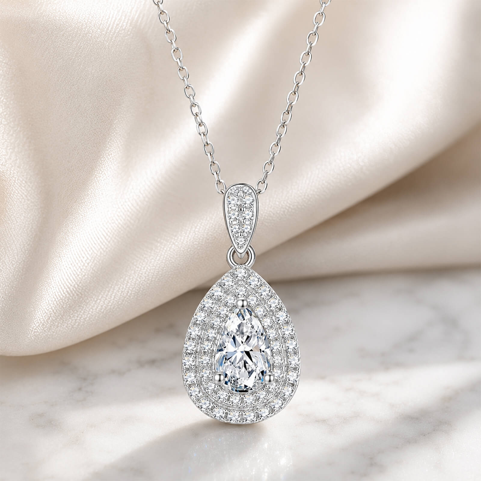 MARDAZA Celeste Pear Cut Moissanite Double Halo Sterling Silver Necklace