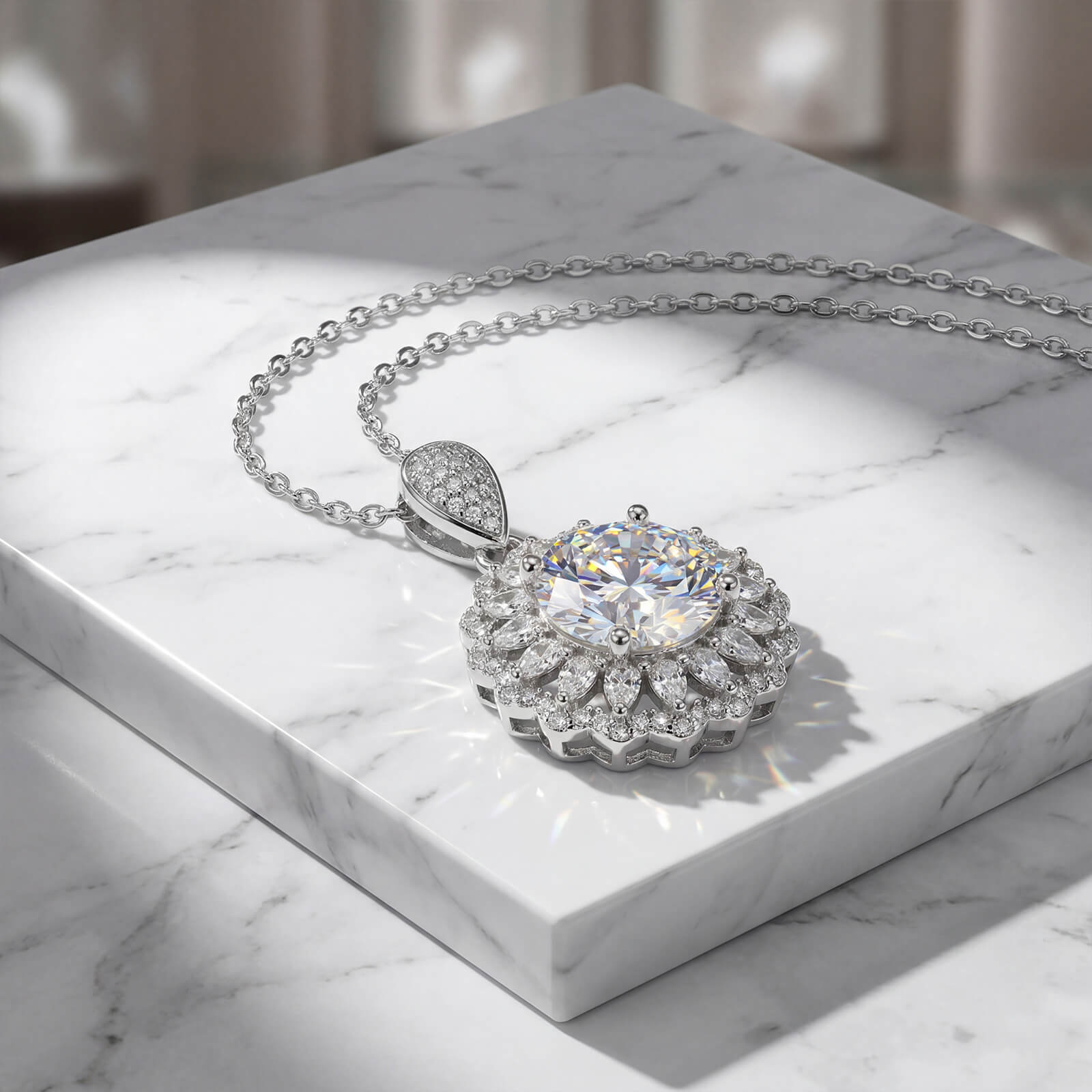 MARDAZA Radiant Sunburst Round Cut Sterling Silver Moissanite Necklace