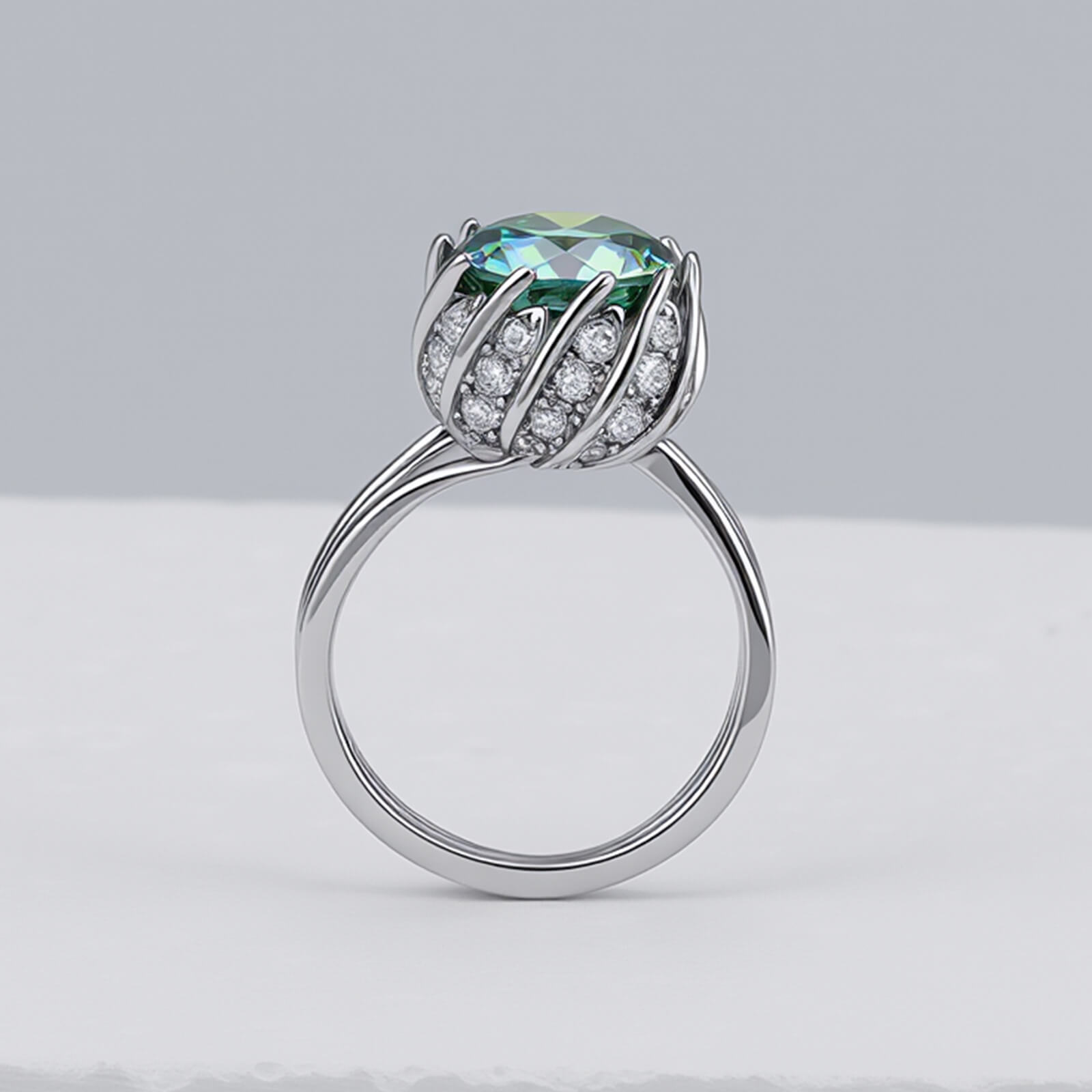 MARDAZA Split Shank Lotus Round Cut Moissanite Sterling Silver Ring