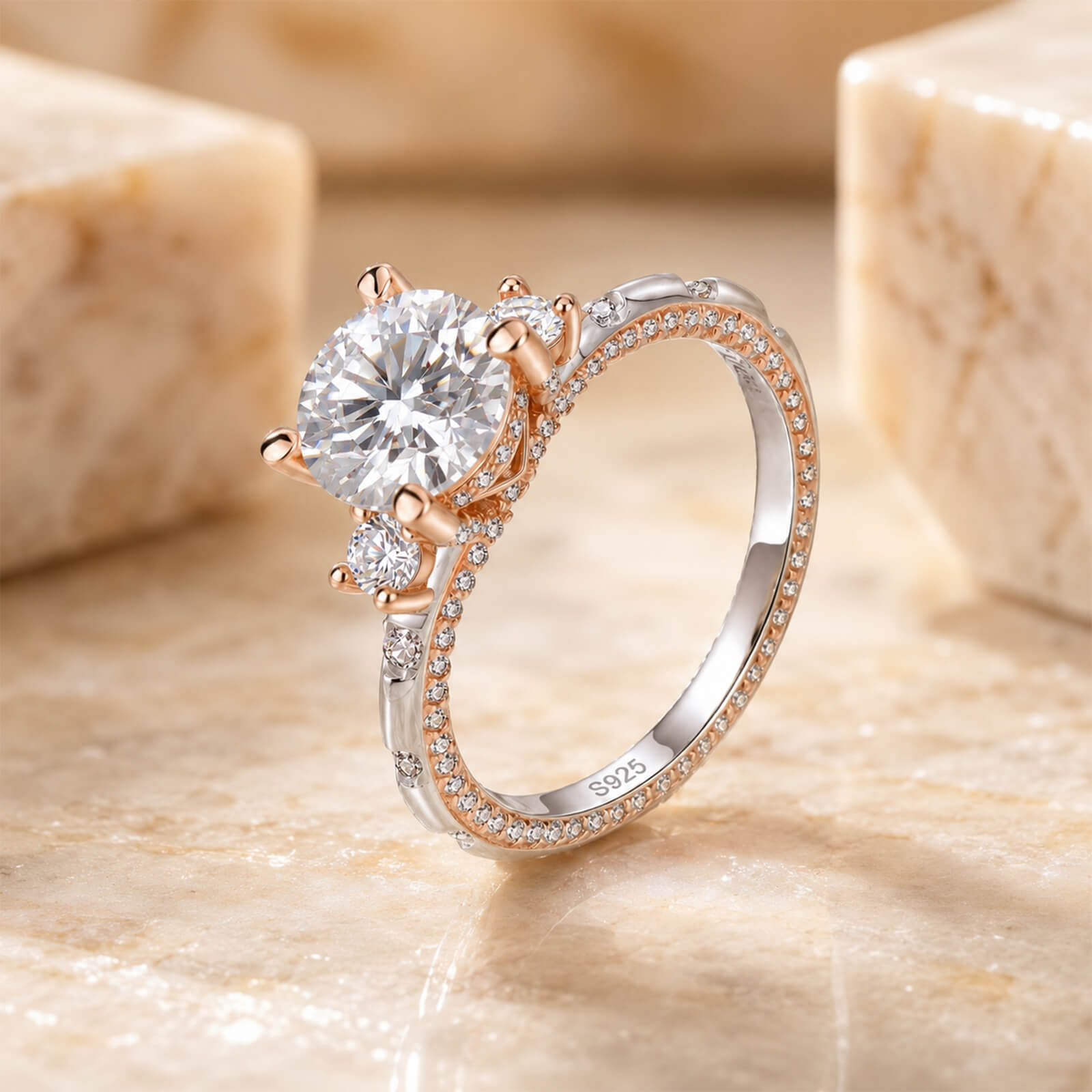 MARDAZA Two-Tone Three-Stone Round Cut Sterling Silver Moissanite Ring