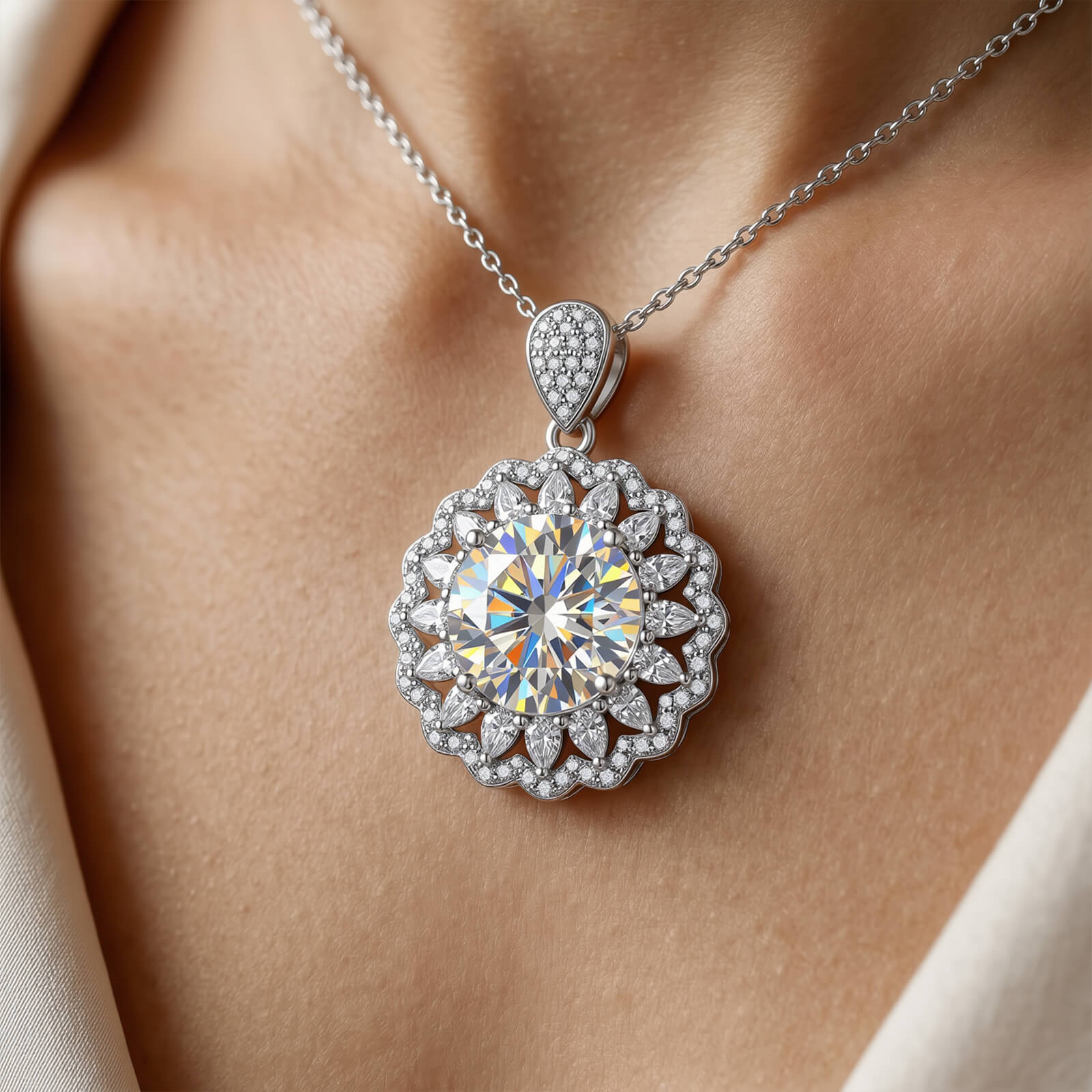 MARDAZA Radiant Sunburst Round Cut Sterling Silver Moissanite Necklace