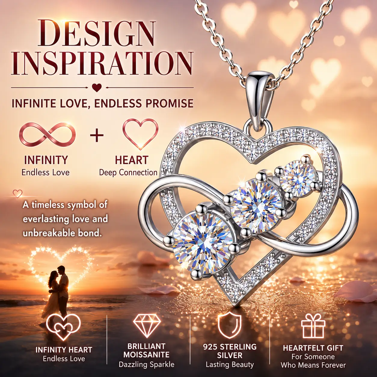 MARDAZA Infinity Heart Round Cut Moissanite Sterling Silver Necklace