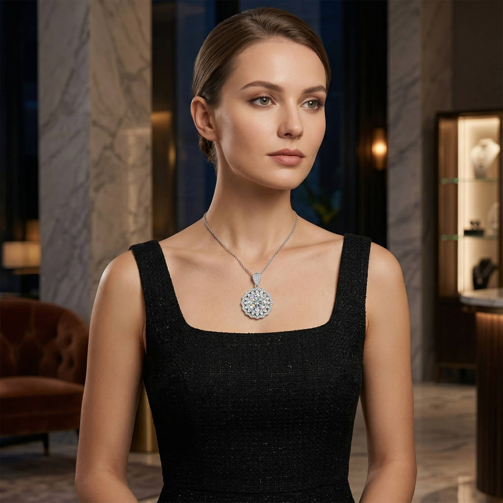 MARDAZA Radiant Sunburst Round Cut Sterling Silver Moissanite Necklace