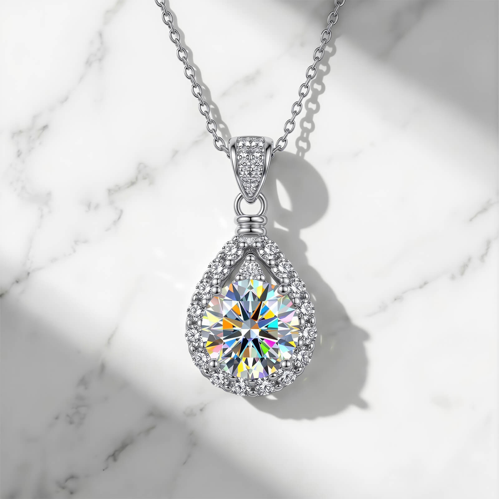 MARDAZA Teardrop Halo Round Cut Sterling Silver Moissanite Necklace