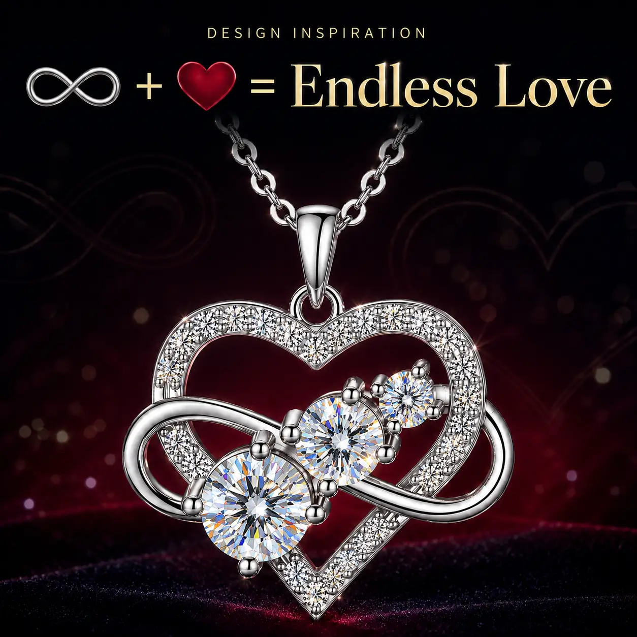 MARDAZA Infinity Heart Round Cut Moissanite Sterling Silver Necklace