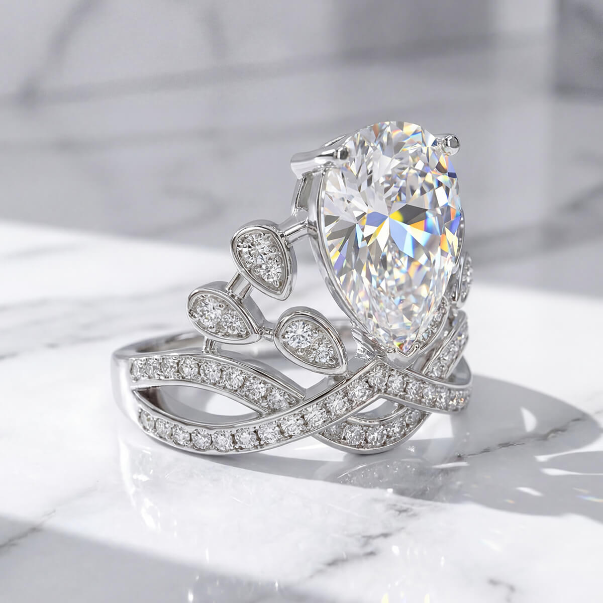 MARDAZA Intertwined Tiara Pear Cut Sterling Silver Moissanite Ring