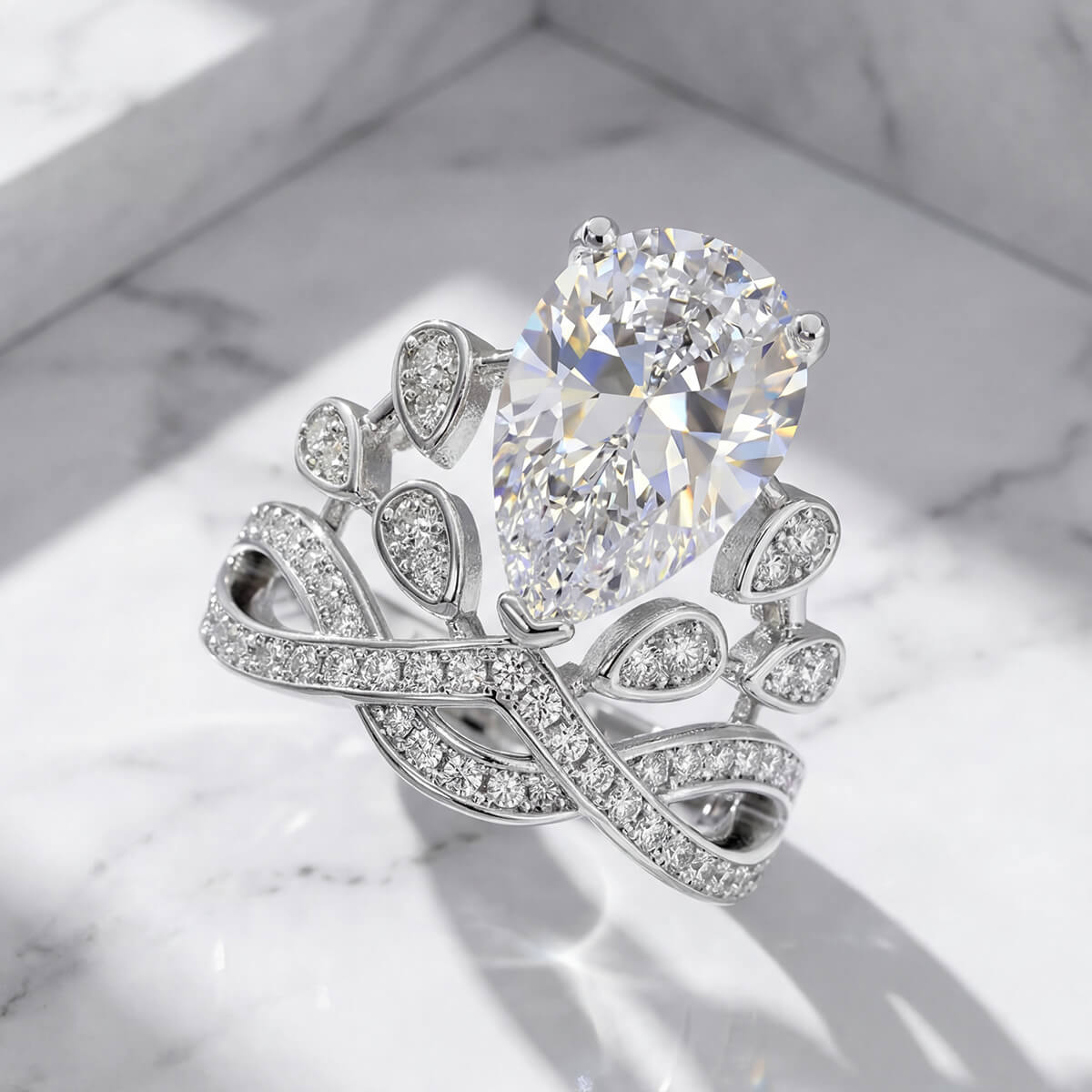MARDAZA Intertwined Tiara Pear Cut Sterling Silver Moissanite Ring