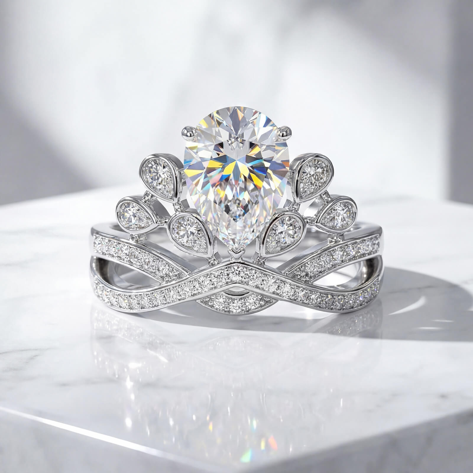 MARDAZA Intertwined Tiara Pear Cut Sterling Silver Moissanite Ring