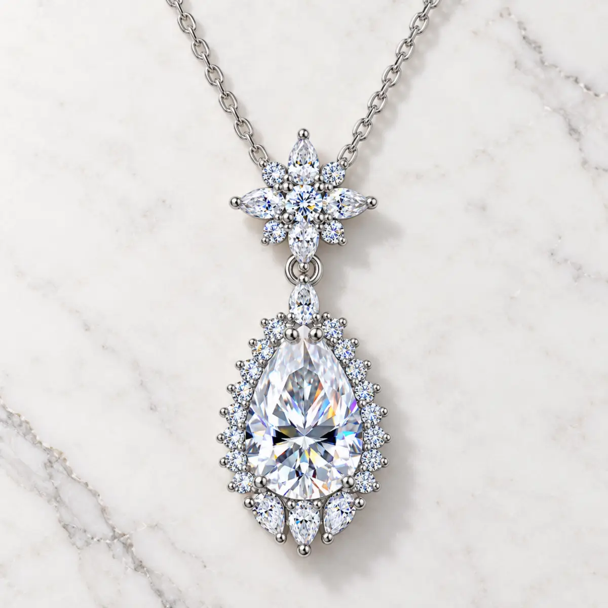 MARDAZA Floral Teardrop Pear Cut Sterling Silver Moissanite Necklace
