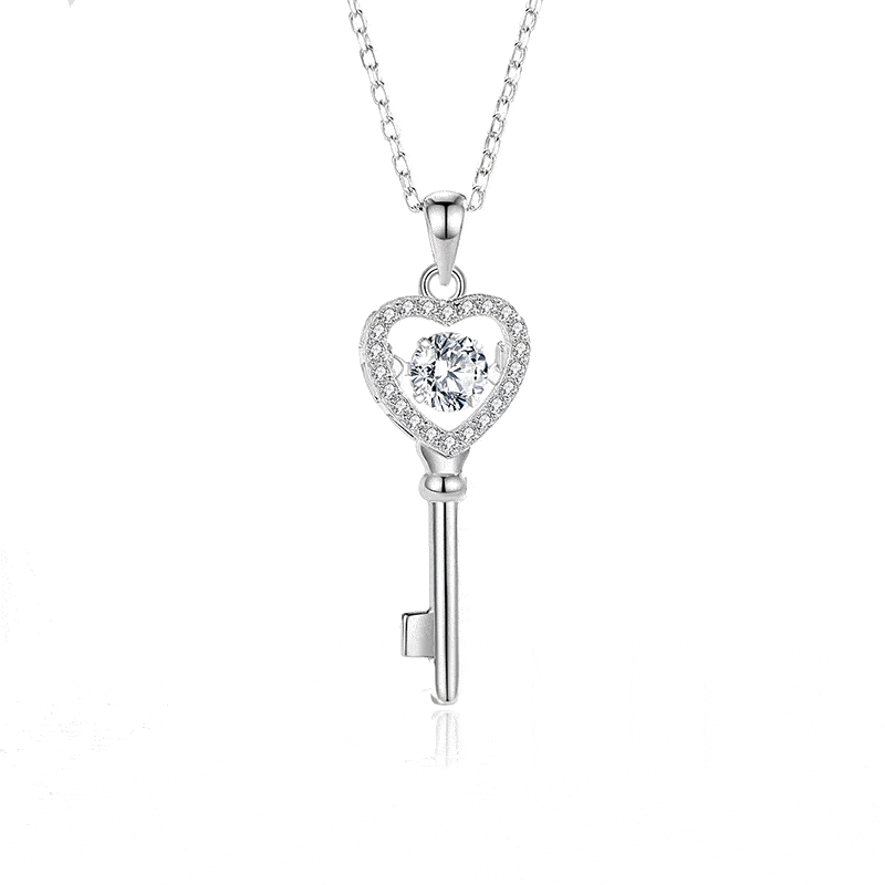 MARDAZA Dancing Heart Key Round Cut Sterling Silver Moissanite Necklace