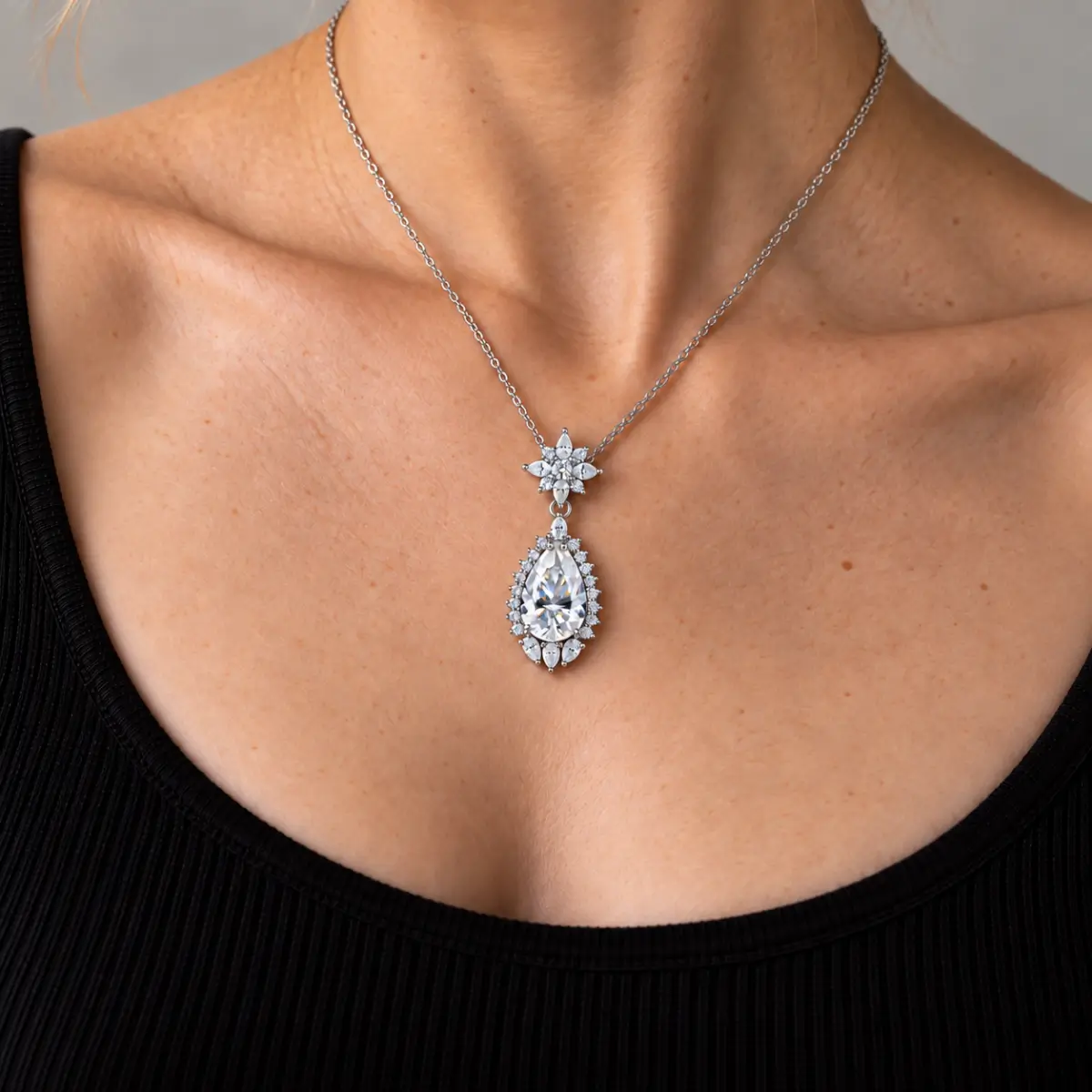 MARDAZA Floral Teardrop Pear Cut Sterling Silver Moissanite Necklace