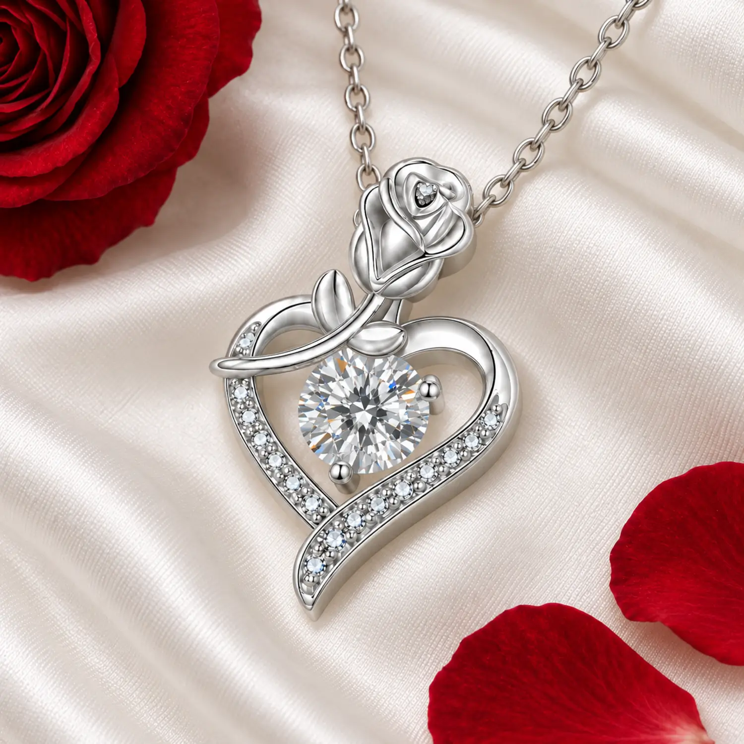 MARDAZA Rose Heart Round Cut Sterling Silver Moissanite Necklace
