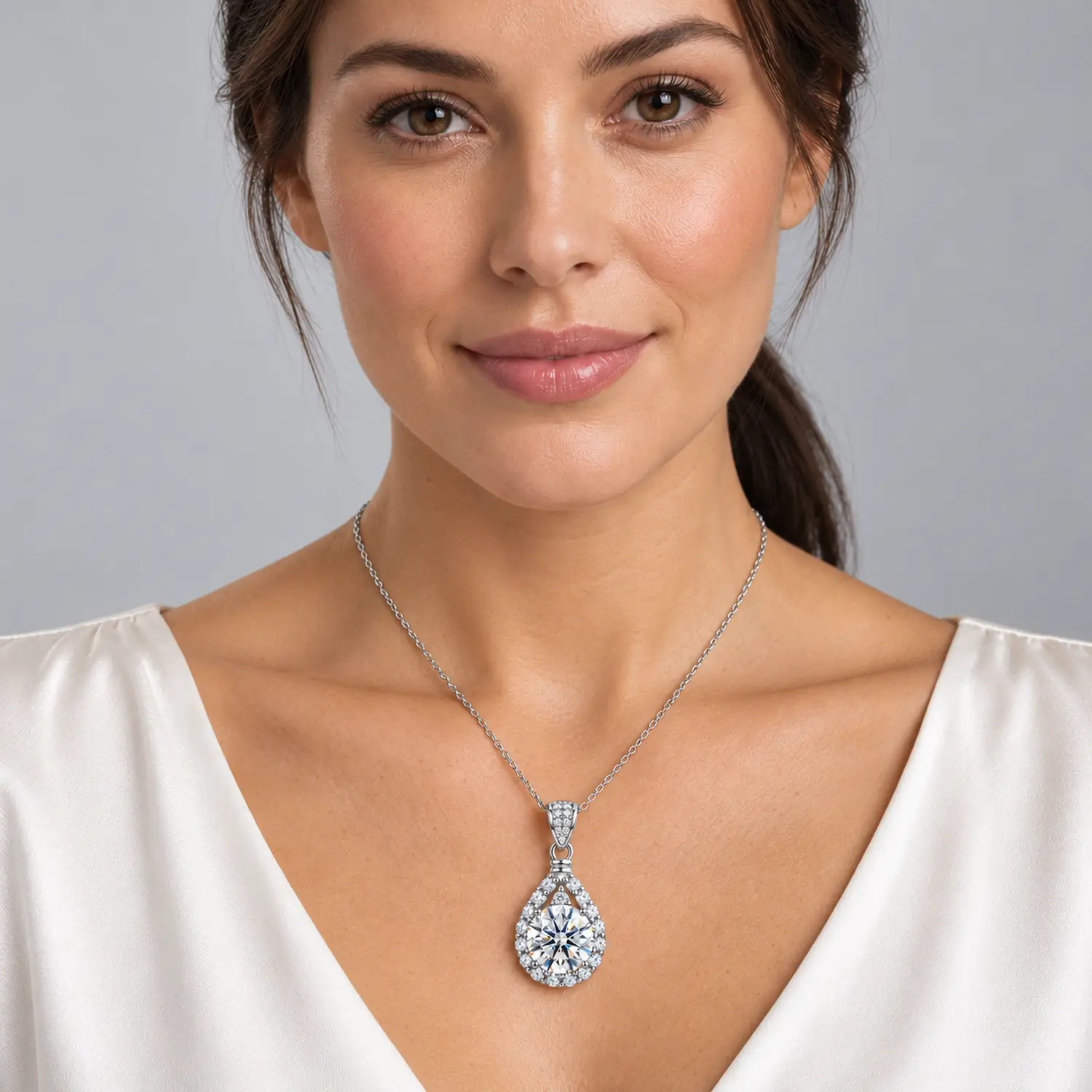 MARDAZA Teardrop Halo Round Cut Sterling Silver Moissanite Necklace