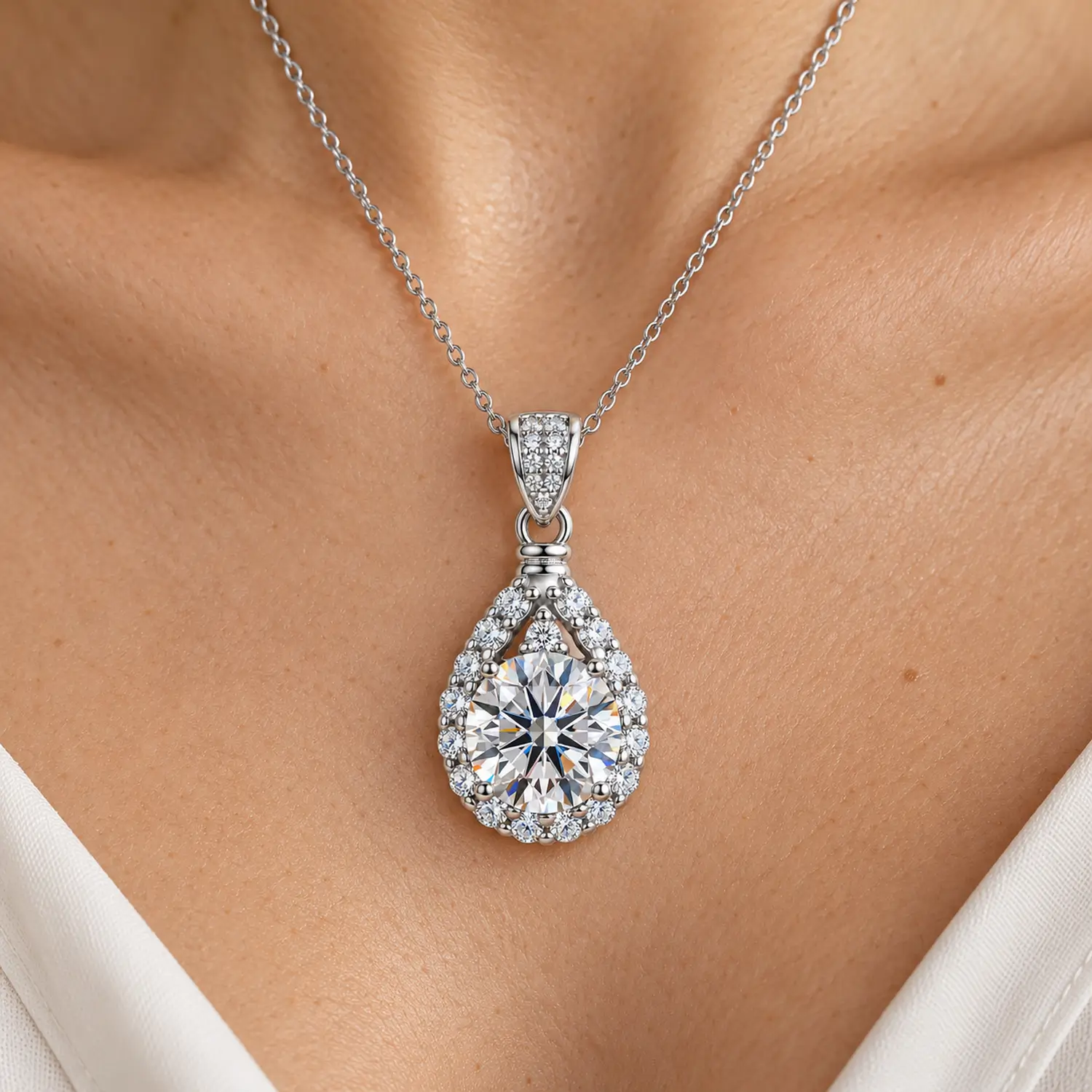 MARDAZA Teardrop Halo Round Cut Sterling Silver Moissanite Necklace