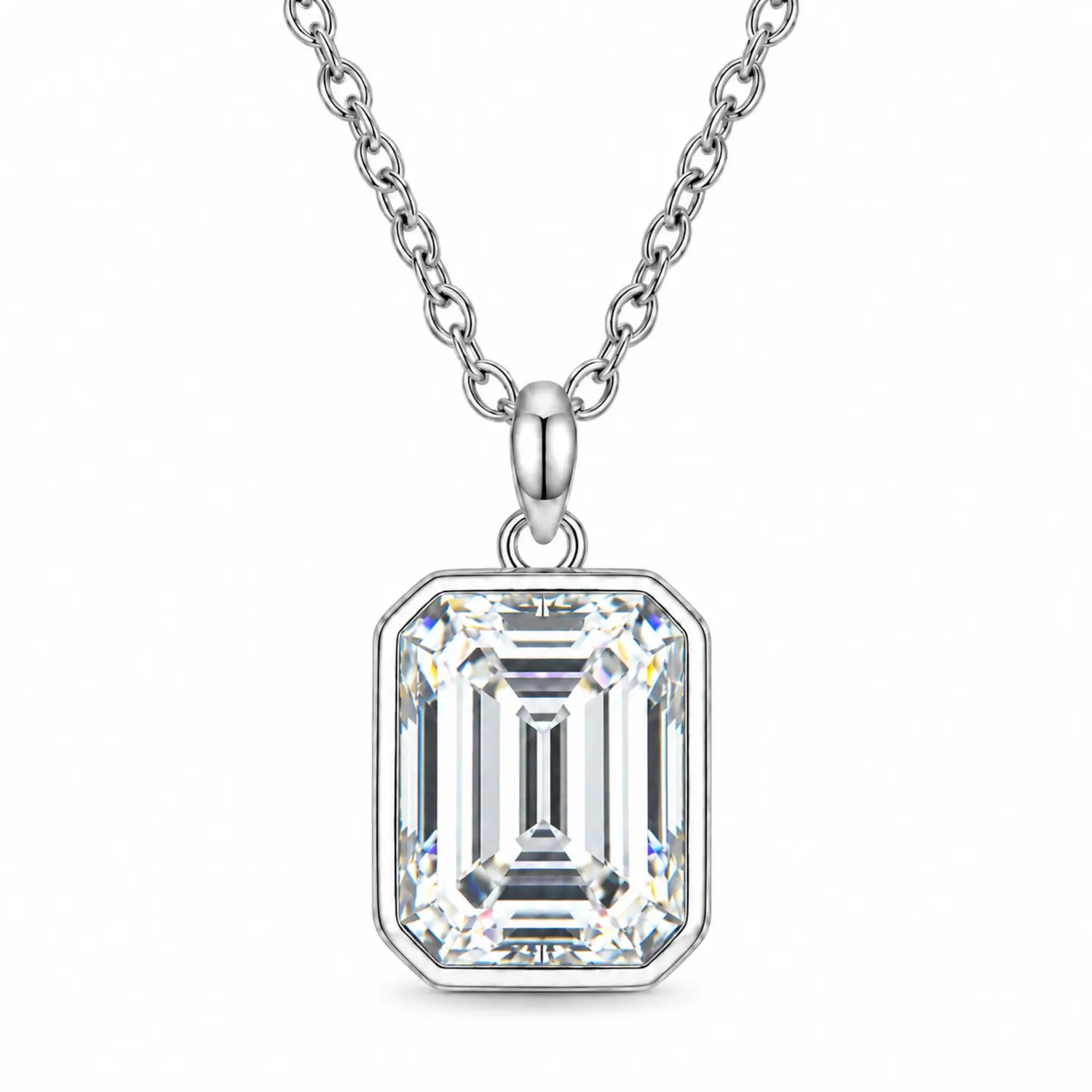 MARDAZA Classic Bezel Emerald Cut Moissanite Necklace