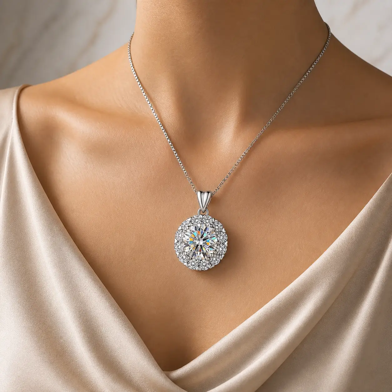MARDAZA Sweetheart Halo Round Cut Sterling Silver Moissanite Necklace