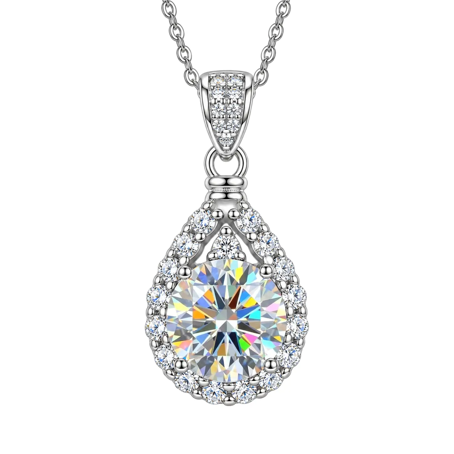 MARDAZA Teardrop Halo Round Cut Sterling Silver Moissanite Necklace