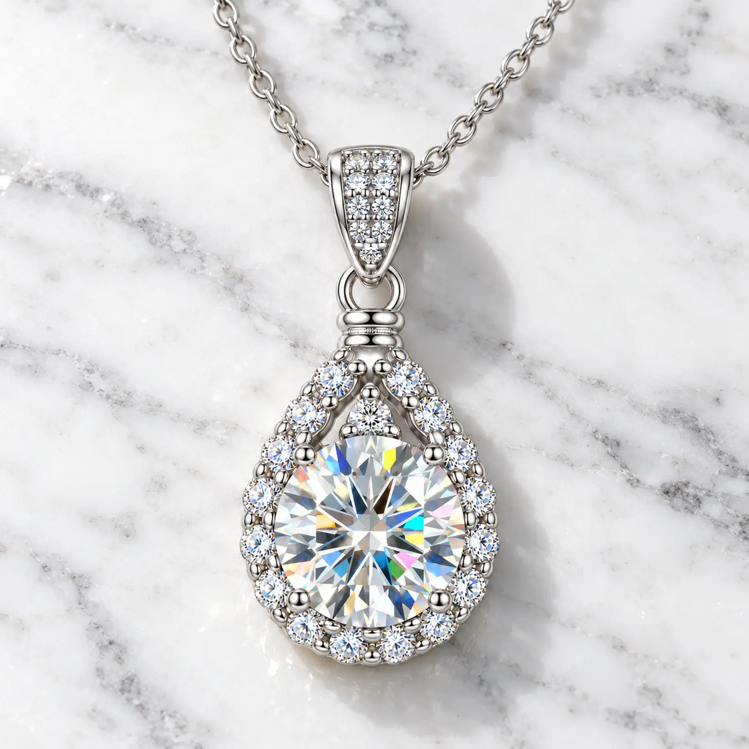MARDAZA Teardrop Halo Round Cut Sterling Silver Moissanite Necklace