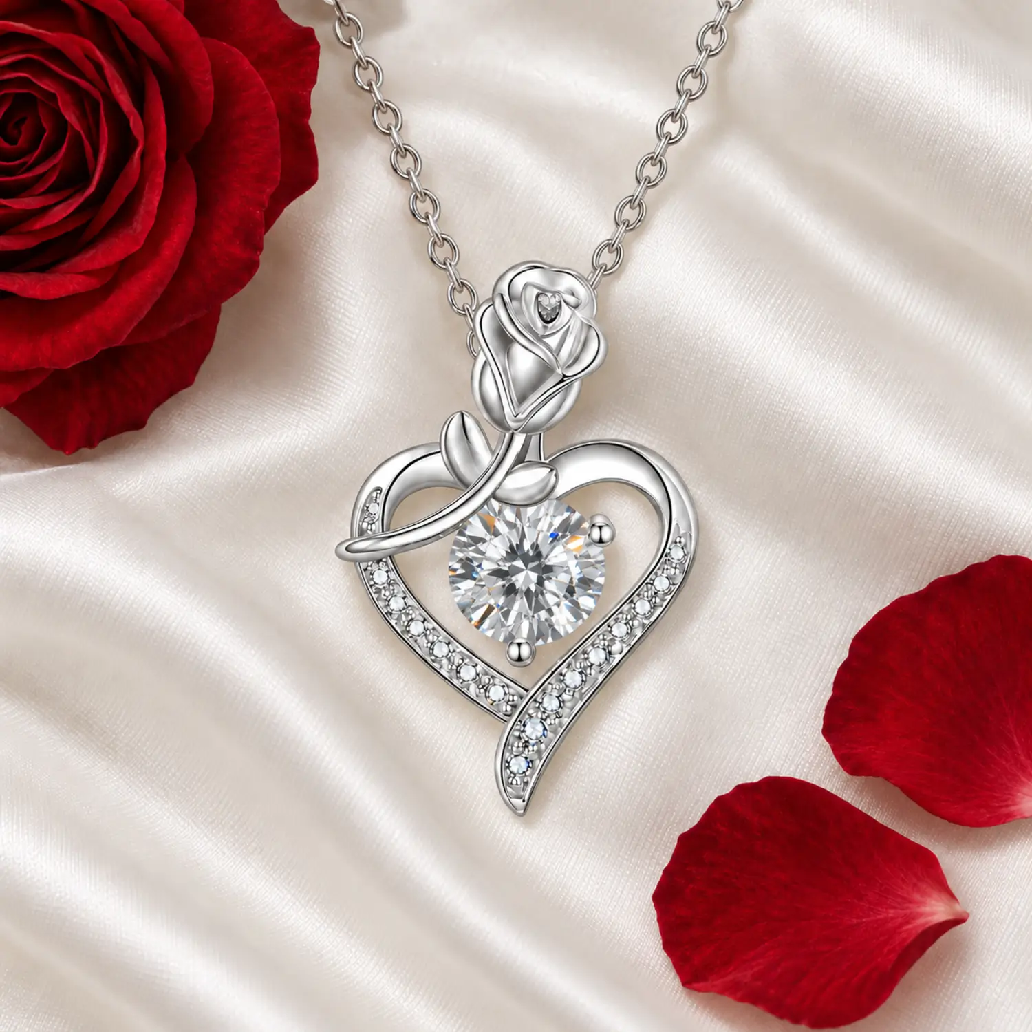 MARDAZA Rose Heart Round Cut Sterling Silver Moissanite Necklace