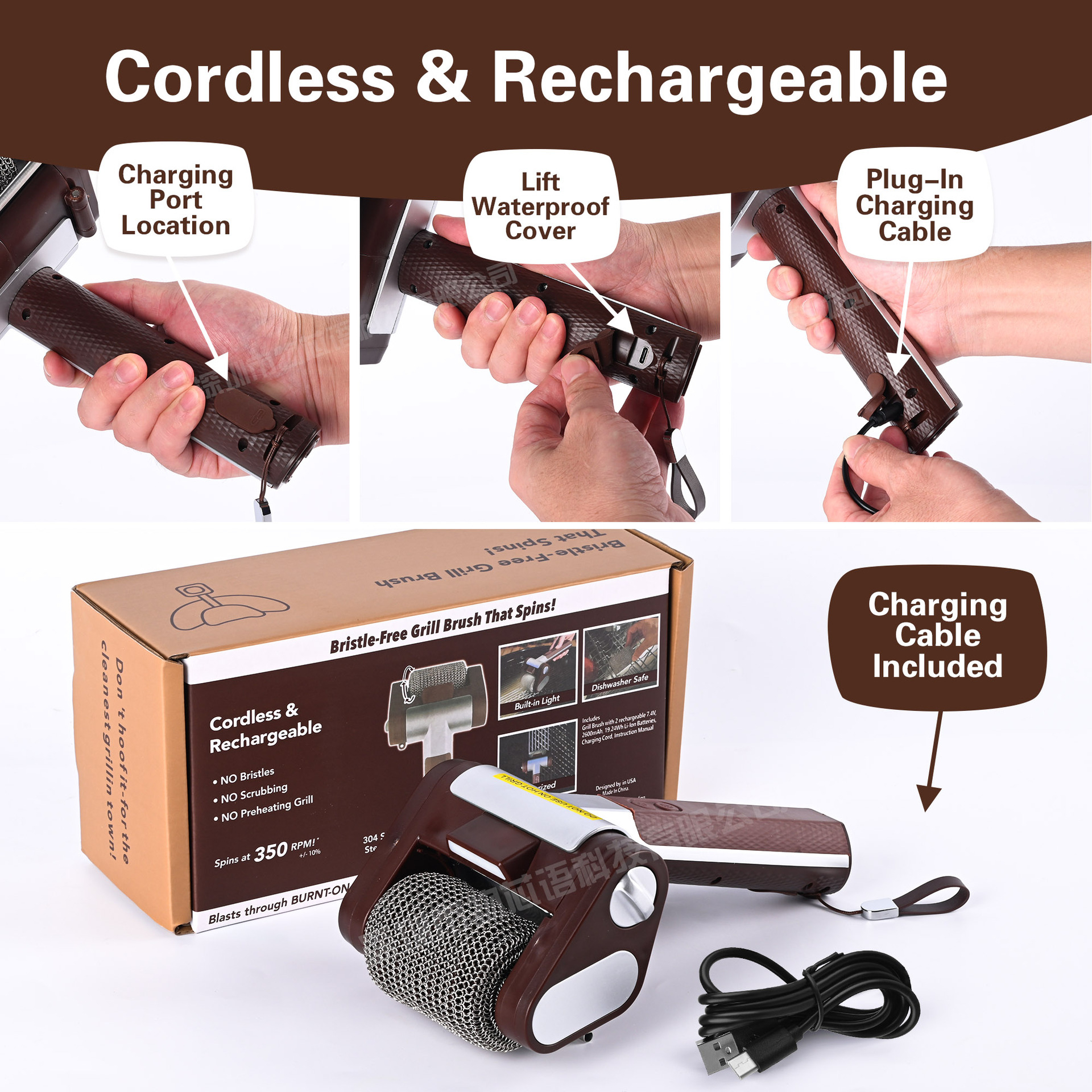 Wireless electric barbecue cleaning brush