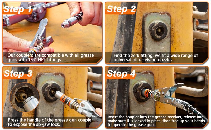 Product Introduction of 【Mother's Day】THINKWORK Grease Machine Coupler Set, Strong Lock on Greases Machine Couplers with 90&deg; Grease Coupler Adaptor,12000 PSI Quick Release Grease Coupler Compatible with All Grease 1/8" NPT Grease Fitting 8