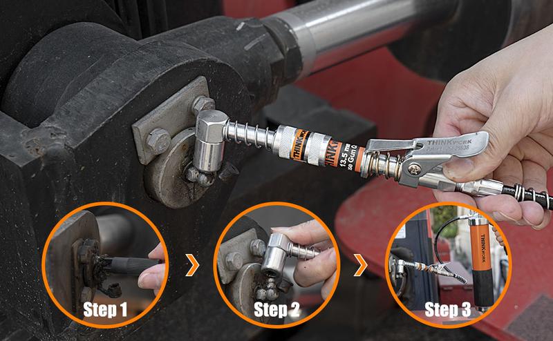 Product Introduction of 【Mother's Day】THINKWORK Grease Machine Coupler Set, Strong Lock on Greases Machine Couplers with 90&deg; Grease Coupler Adaptor,12000 PSI Quick Release Grease Coupler Compatible with All Grease 1/8" NPT Grease Fitting 4