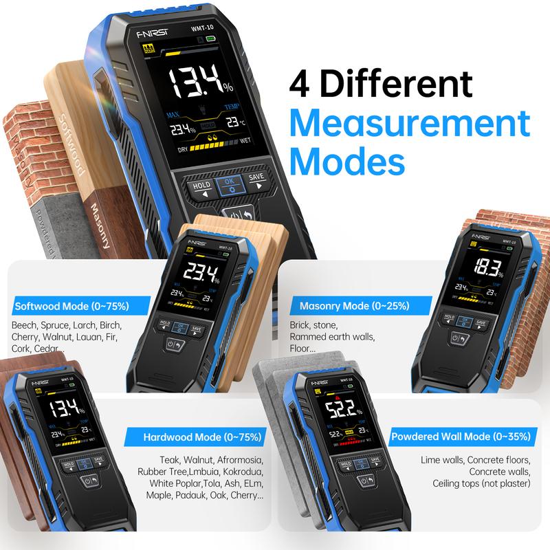 Rechargable Wood Moisture Meter Pinless 4-in-1 Detector 