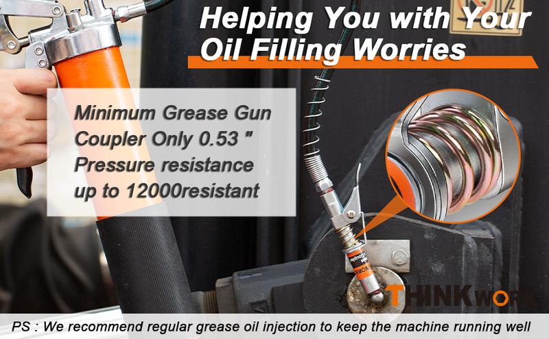 Product Introduction of 【Mother's Day】THINKWORK Grease Machine Coupler Set, Strong Lock on Greases Machine Couplers with 90&deg; Grease Coupler Adaptor,12000 PSI Quick Release Grease Coupler Compatible with All Grease 1/8" NPT Grease Fitting 11