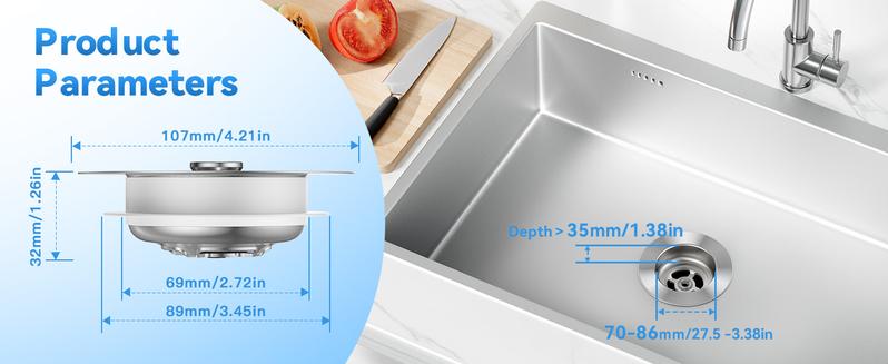Product Introduction of JOMST 3-in-1 Kitchen Sink Drain Strainer, Stainless Steel Sink Plug, Deodorizing Anti-Clog Basket Strainer for US Standard 3-1/2 Inch Drains 2