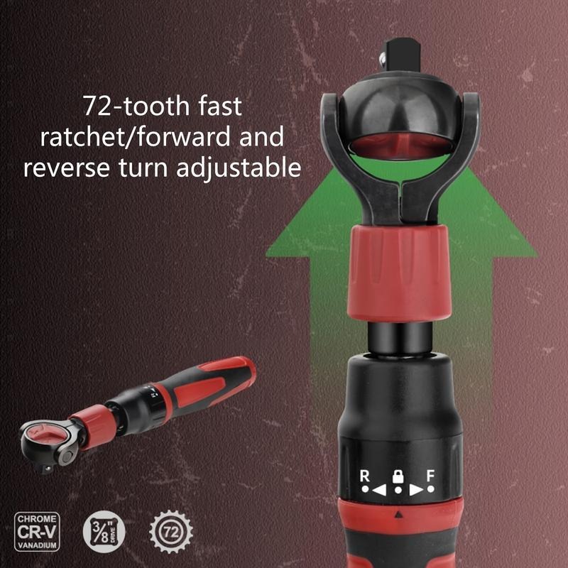 3/8" Drive 72-Tooth Adjustable Ratchet Wrench with Quick-Release Reversible Switch - Ergonomic Red & Black Handle, Heavy-Duty Steel Construction for Tight Spaces, Automotive & DIY Projects, Automotive Tool, Sleek Tool Design, Durable Tool Construction