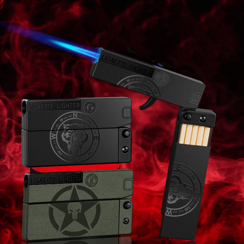 Folding lighter with spray effect and storage box, 2 metal silencers