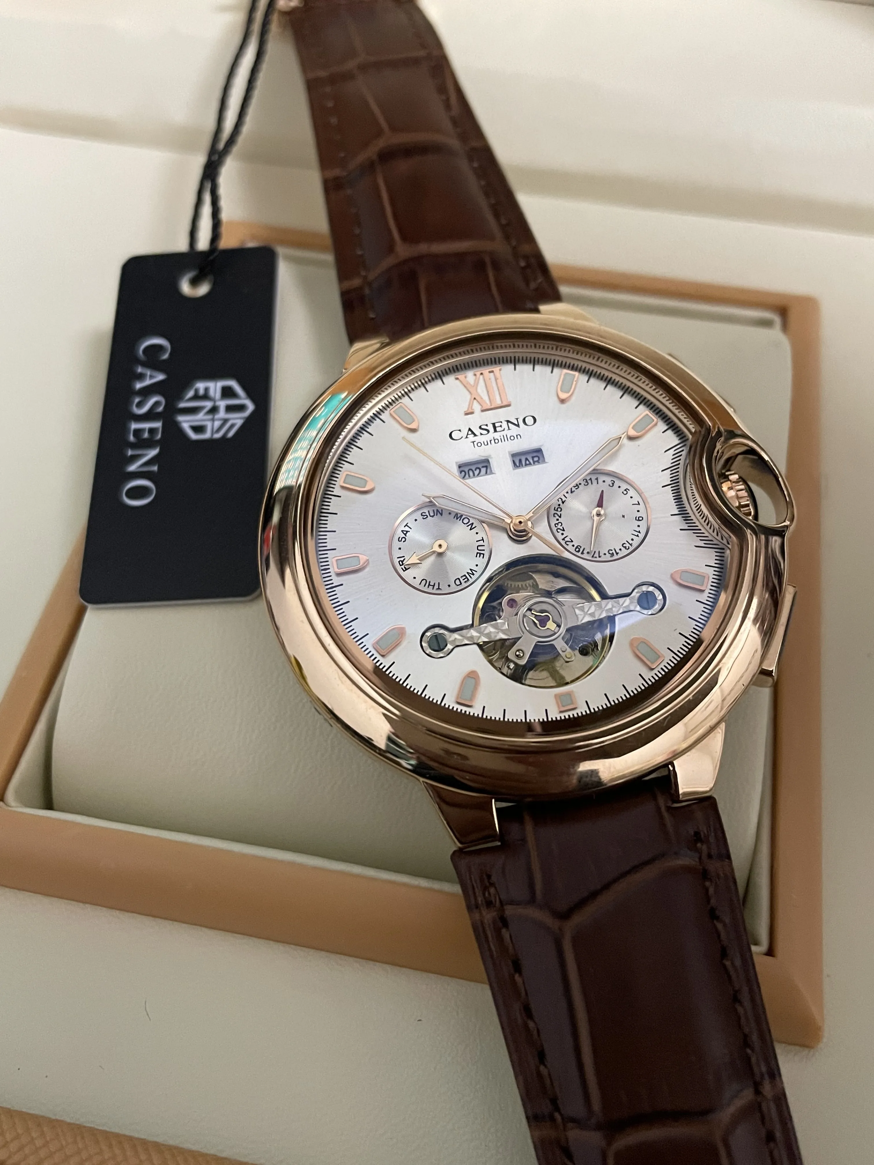 CASENO Tourbillon Automatic Mechanical Watch Blue Light Crystal Waterproof Men's Watch Multi-Function Watch