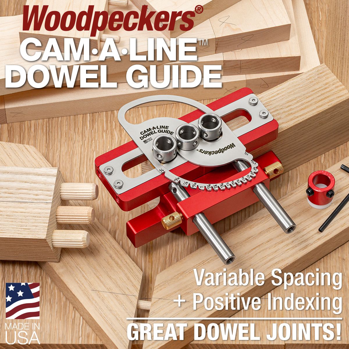 Woodpeckers Cam-A-Line Dowel Guide combines variable spacing, precision-engraved centerlines