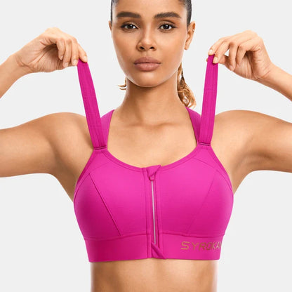 Women's High Impact Zip Front Adjustable Straps Strappy Back Wire-free Padded Workout Sports Bra(buy one get one free)