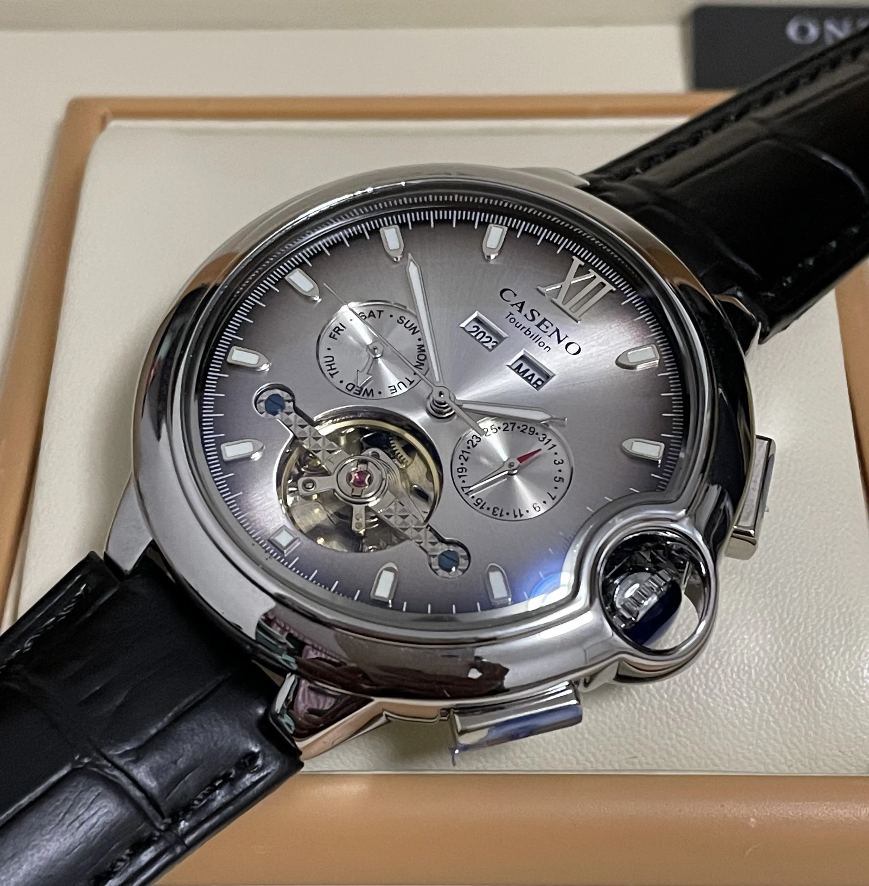 CASENO Tourbillon Automatic Mechanical Watch Blue Light Crystal Waterproof Men's Watch Multi-Function Watch