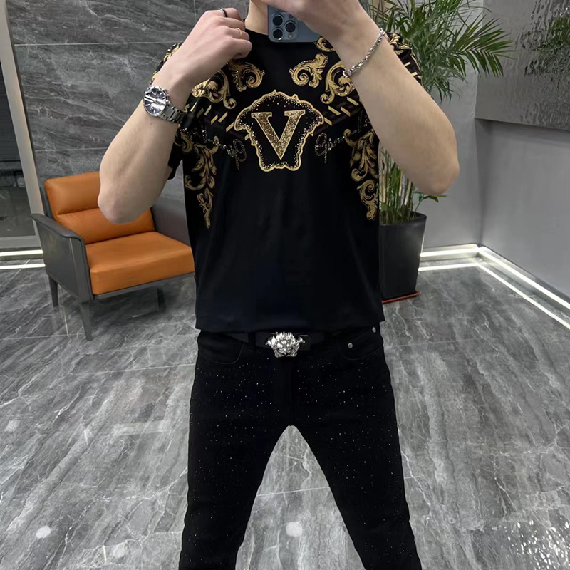 Light luxury men's fashion gold stamping all-match T-shirt