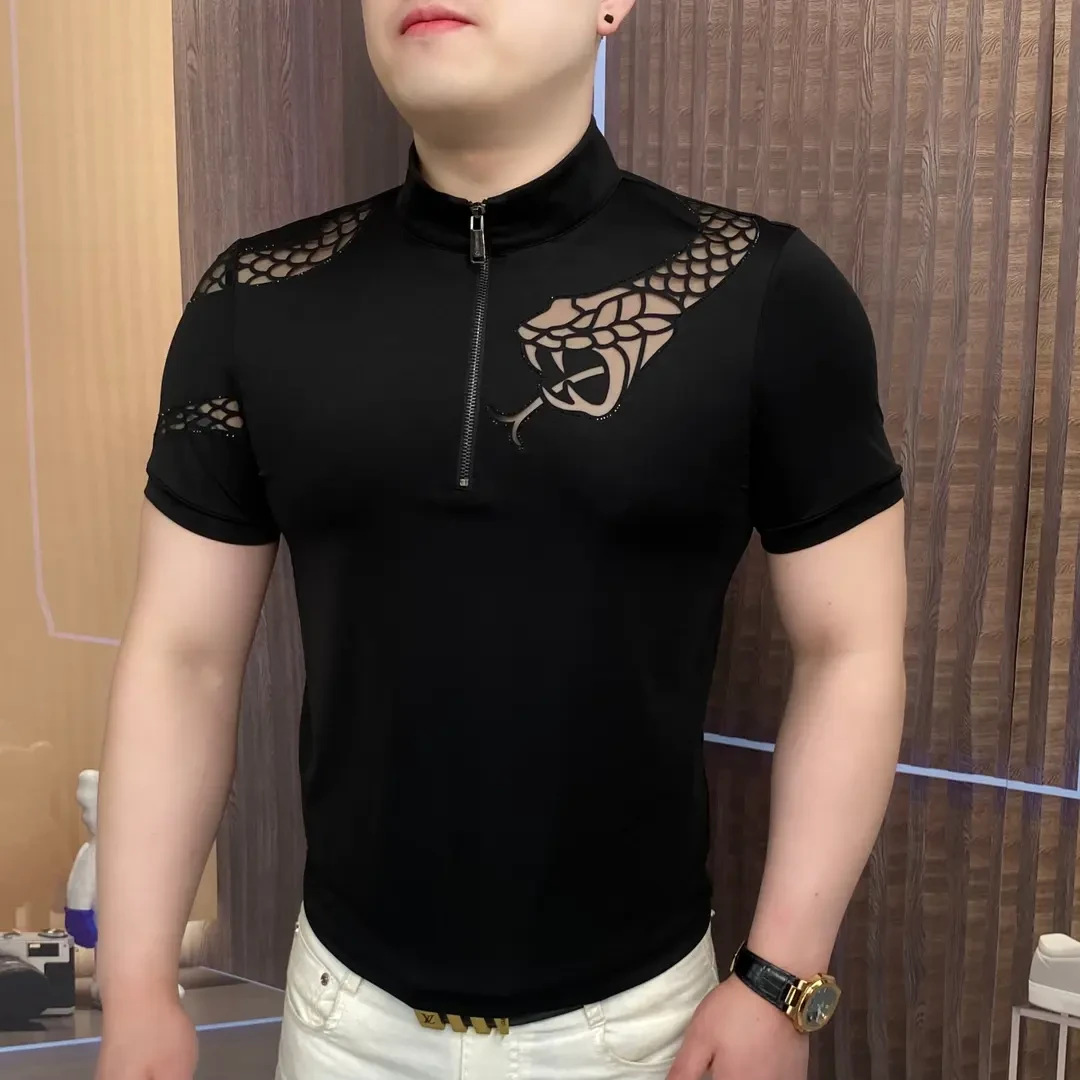 [Venom Snake] Men's light luxury fashion casual summer short-sleeved slim stand collar POLO shirt