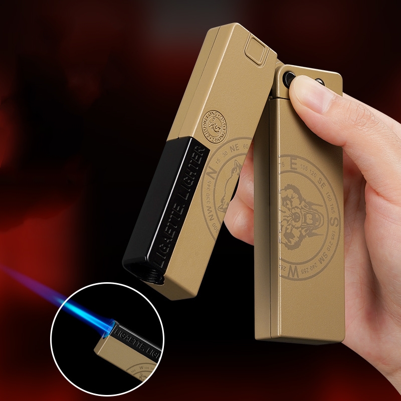 Folding lighter with spray effect and storage box, 2 metal silencers