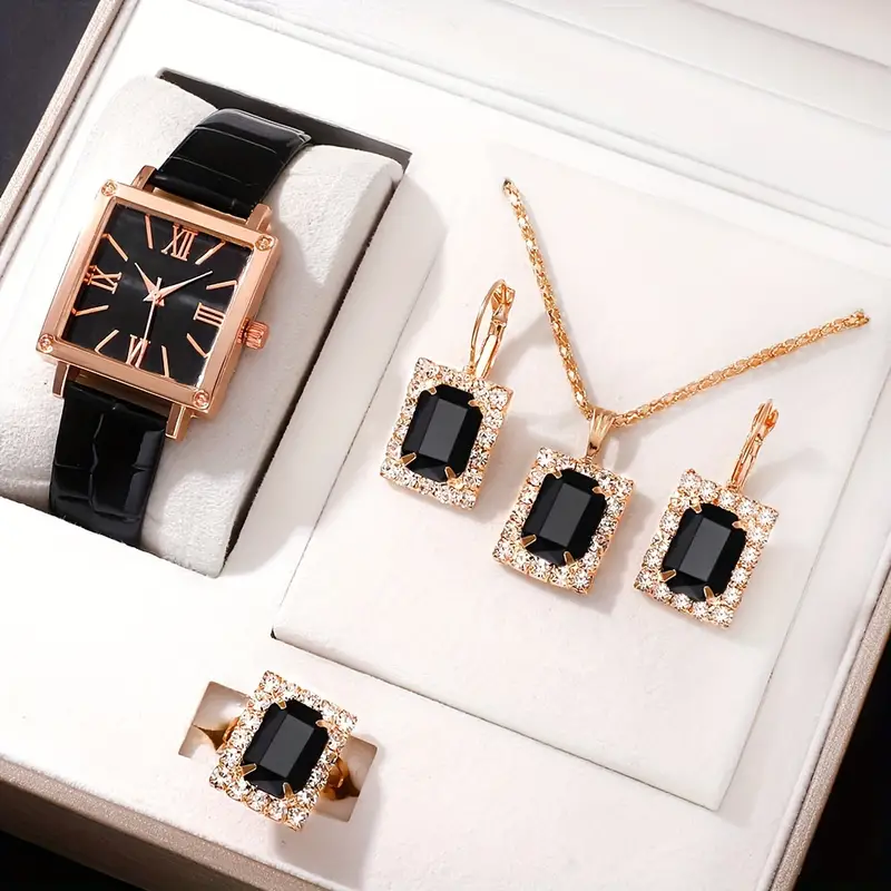 Women's watch vintage square pointer quartz watch analog green wristwatch and rhinestone jewelry set, gift for mom her