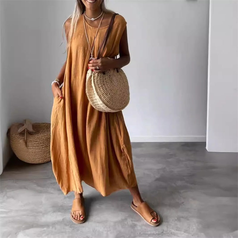 Sleeveless cotton linen dress with pockets