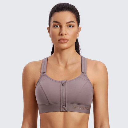 Women's High Impact Zip Front Adjustable Straps Strappy Back Wire-free Padded Workout Sports Bra(buy one get one free)